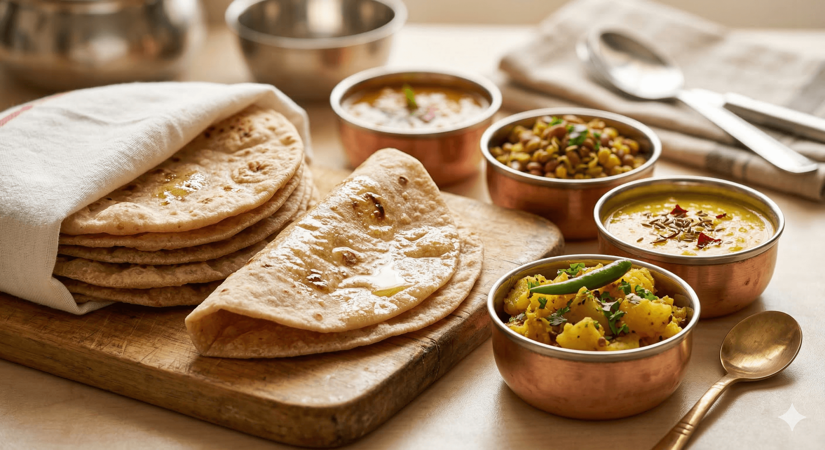 Fresh poli bhaji in copper katoris